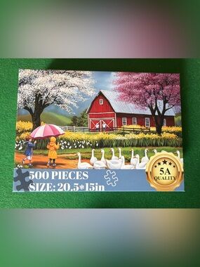 500-Piece Spring Barn Puzzle with Geese and Blossoms